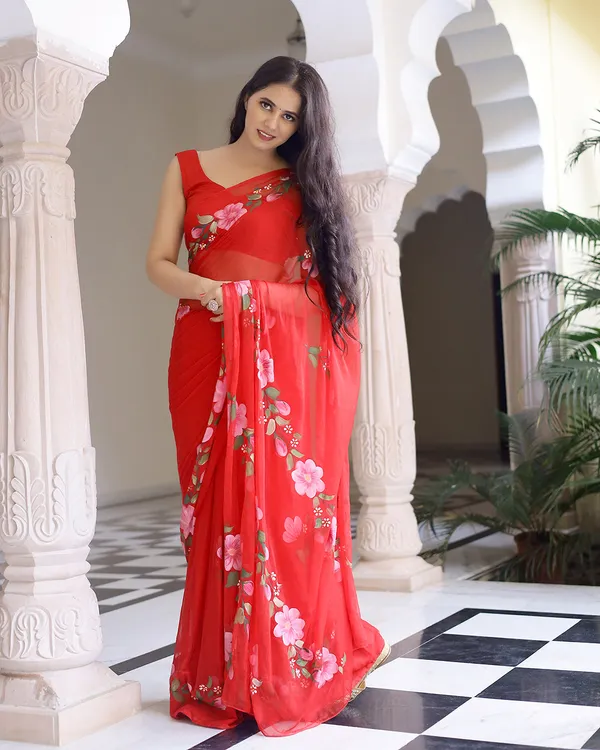 Hot_Red_Floral_H_Painted_Chiffon_Saree_For_Women